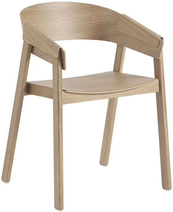 Ein moderner Stuhl aus Eichenholz mit minimalistischen Design und abgerundeter Rückenlehne. Perfekt geeignet für Esszimmer oder Wohnzimmer.