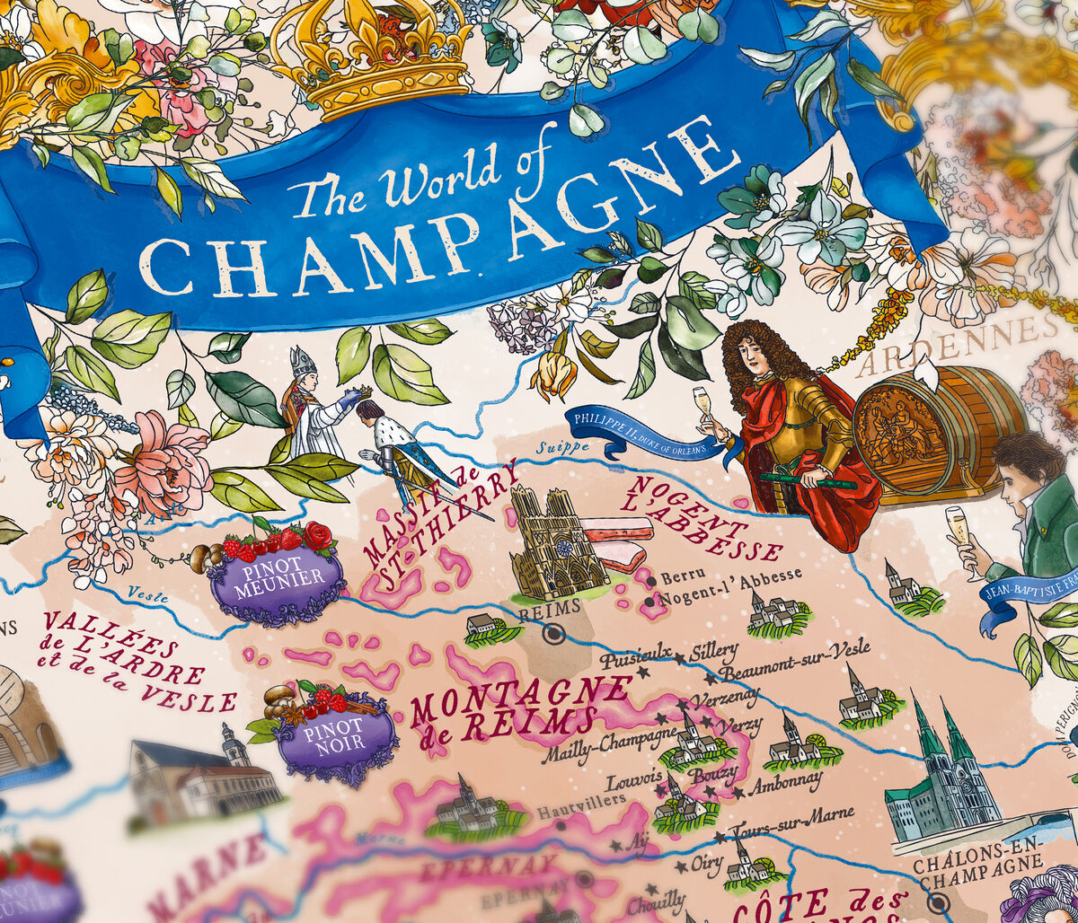 Eine farbenfrohe Karte der Champagneregion in Frankreich, umgeben von Illustrationen von Weinbergen, Schlössern und Weinproduzenten. Oben befindet sich ein Banner mit der Aufschrift 'The World of CHAMPAGNE' in Weiß auf Blau.