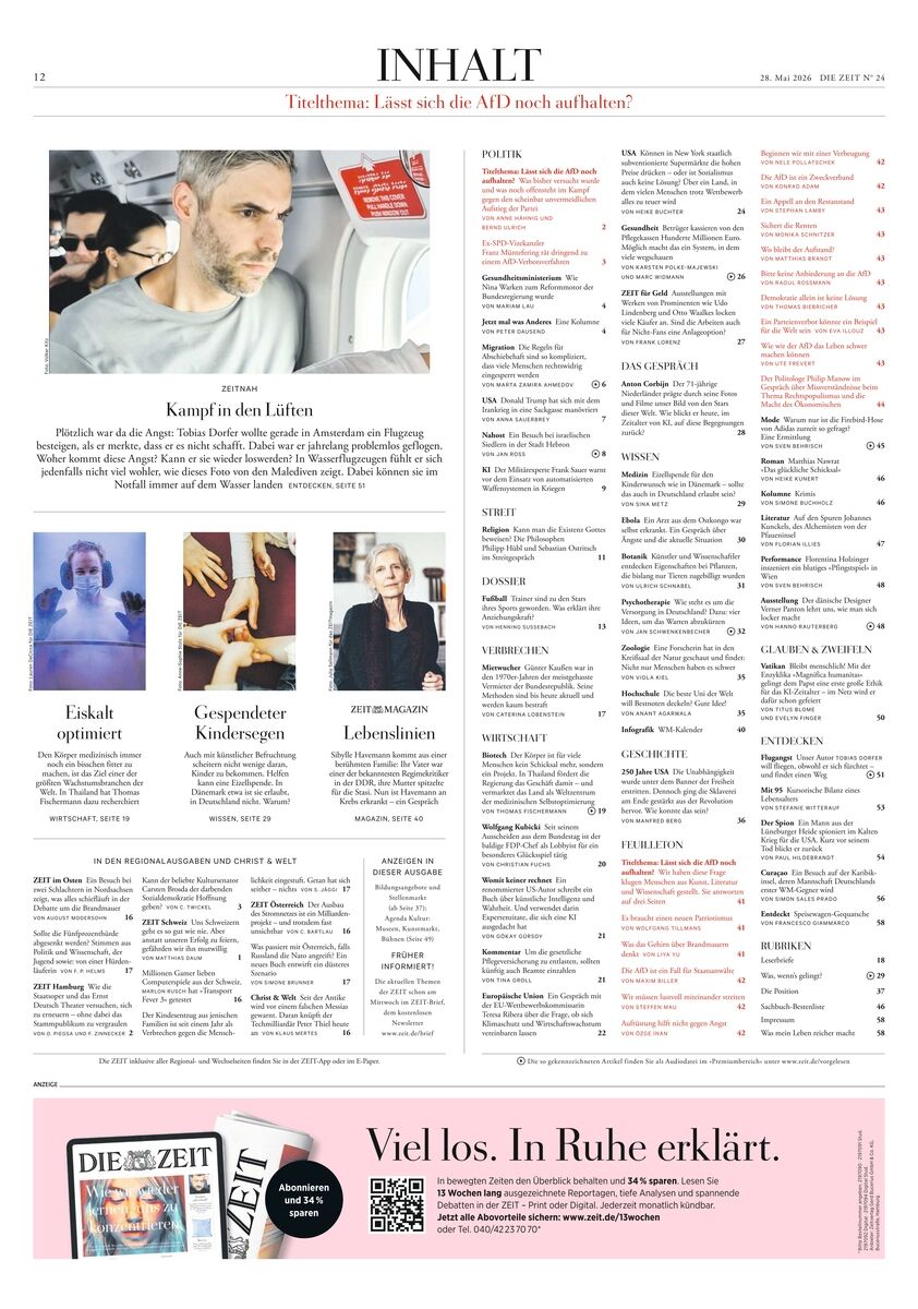 Seite mit dem Inhaltsverzeichnis der Zeitung DIE ZEIT 24/2026. Oben Fotos von Menschen, rechts eine strukturierte Liste der Rubriken und Artikel. Unten eine rosa Werbefläche mit dem Aufruf, DIE ZEIT zu abonnieren. Insgesamt klar gegliedertes, modernes Layout.