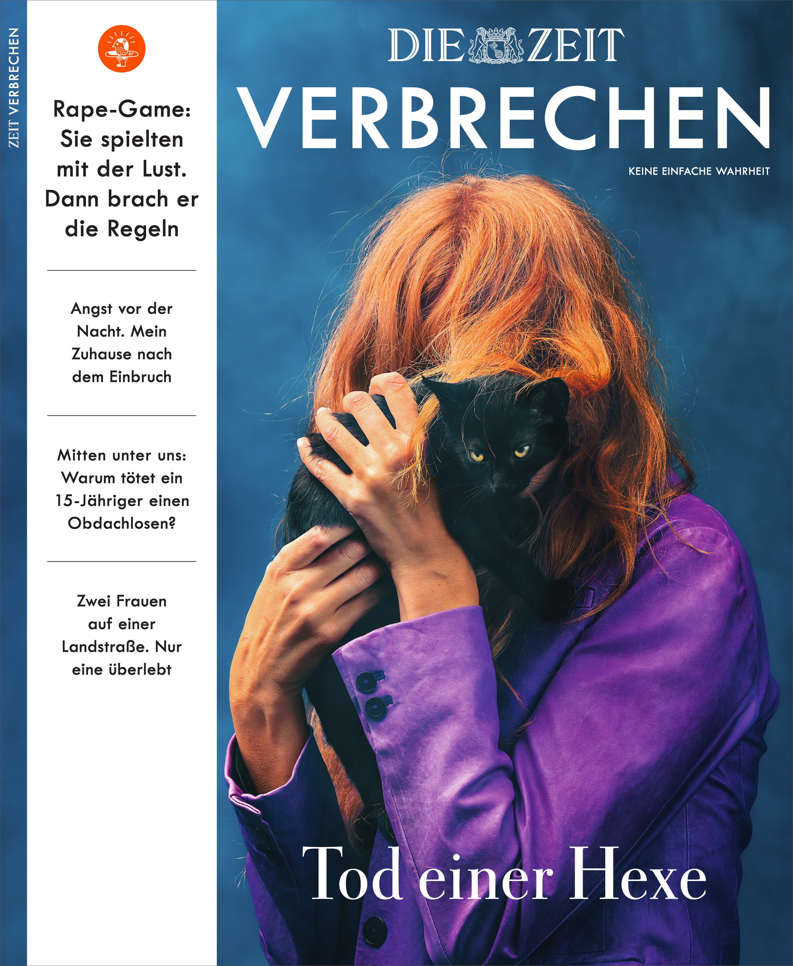 Titelbild der Zeitschrift ZEIT VERBRECHEN mit einer Frau mit langen orangeroten Haaren, die einen schwarzen Kater schützend im Arm hält. Der Hintergrund ist violett, Titel und Schrift sind in Weiß. Links Textfeld mit Inhaltsvorschau zu Kriminalfällen und psychologischen Themen.