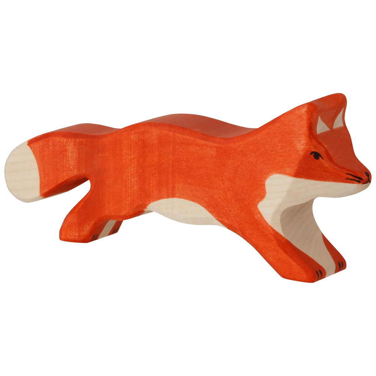 Abbildung eines handgefertigten Waldtier-Fuchses aus Holz, der naturgetreu und kindgerecht bemalt ist. Das Holzspielzeug zeigt einen orangefarbenen Fuchs mit weißen und naturbelassenen Bereichen, geeignet für pädagogisches Spielen und als nachhaltige Dekoration.