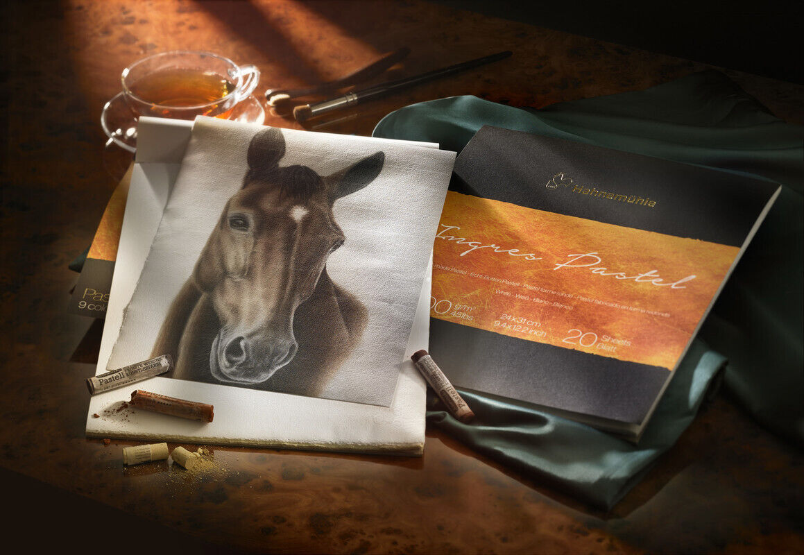 Ein Set von Skizzenpapier 'Ingres Pastel' mit einer Packung, die auf einem braunen Tisch liegt. Daneben liegen mehrere Pastellkreiden und eine Skizze eines Pferdekopfes. Eine Tasse Tee befindet sich ebenfalls im Hintergrund.