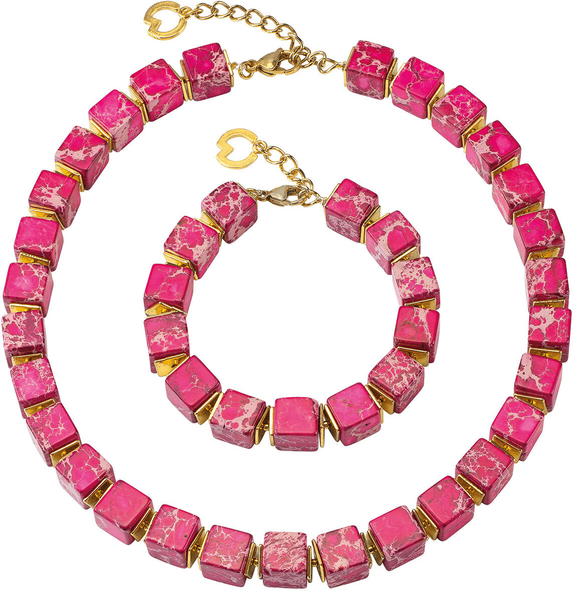 Das Schmuckset »Happy Pink« von Petra Waszak besteht aus einer Halskette und einem Armband, die aus quadratischen rosa Perlen mit goldenen Akzenten gefertigt sind.