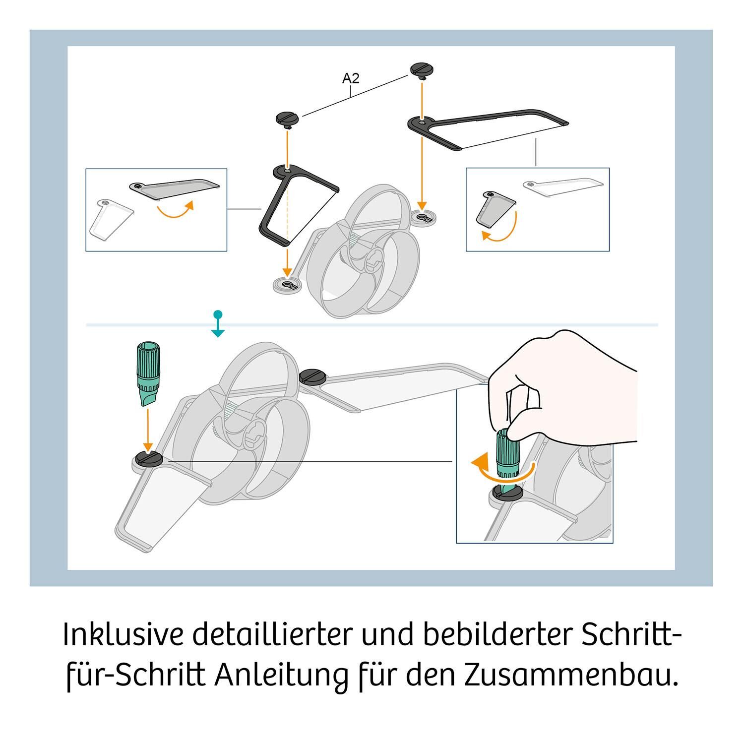 Illustration einer detaillierten Bauanleitung für Flybots mit Schritt-für-Schritt-Diagrammen inklusive Schraubendreher-Tool und Komponenten.