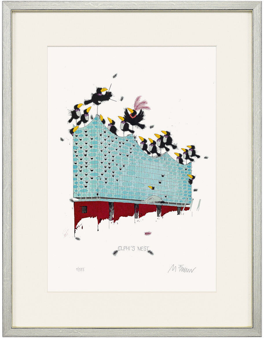 Ein Kunstwerk von Michael Ferner, betitelt »Elphi's Nest« aus dem Jahr 2017. Das Bild zeigt die berühmte Elbphilharmonie in Hamburg, detailliert illustriert mit Vögeln auf dem Dach. Das Kunstwerk ist in einem eleganten Bilderrahmen präsentiert.