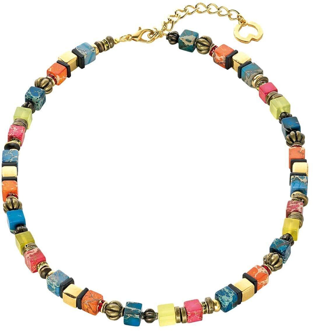 Buntes Collier »Sinfonie« von Petra Waszak, aus verschiedenen kleinen Viereck-Perlen in kräftigen Farben wie Blau, Grün, Rot, Orange, Rosa und Gelb, mit goldfarbener Kette.