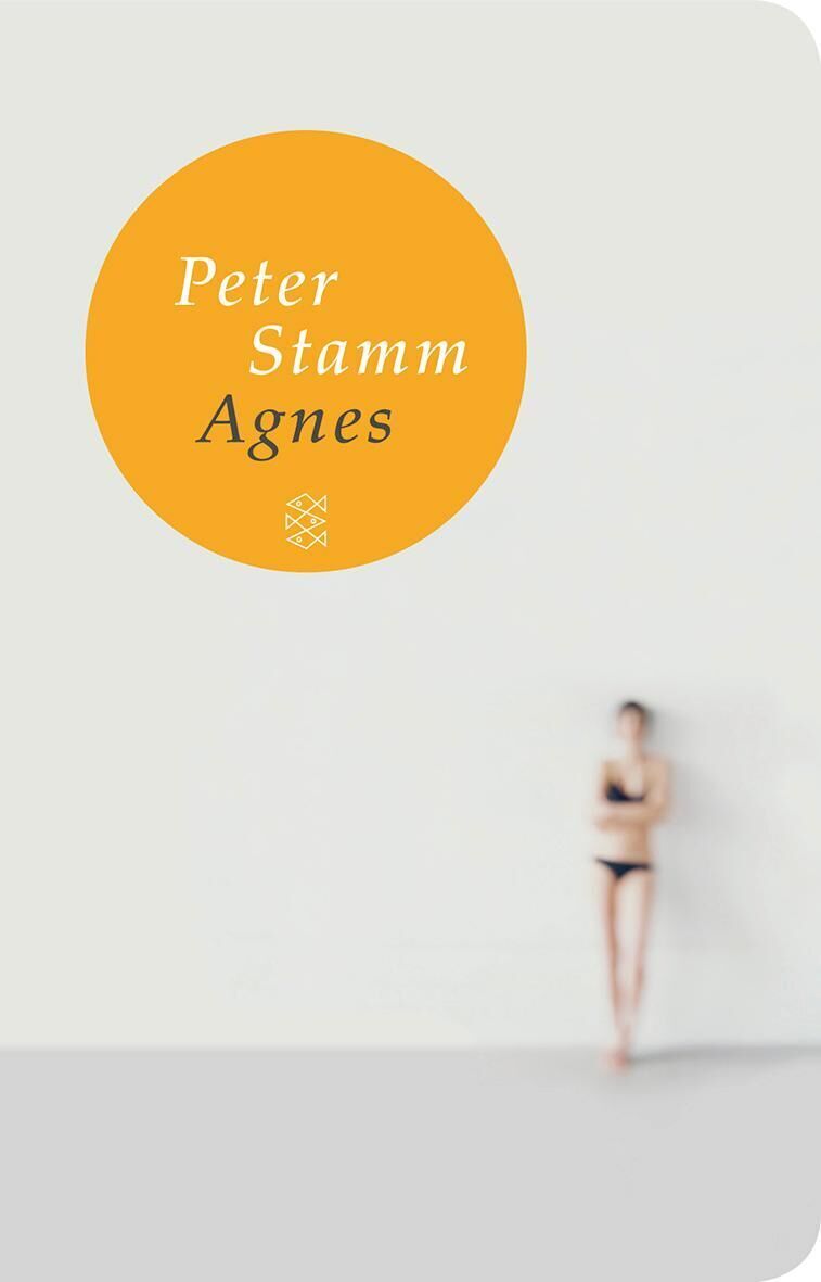 Das Buchcover von 'Agnes' von Peter Stamm zeigt einen minimalistischen Hintergrund mit einem einfachen Design. Der Titel und Autorname sind in einem großen, gelben Kreis oben links auf dem Cover dargestellt. Im Hintergrund sieht man eine blurrierte, stehende Person.