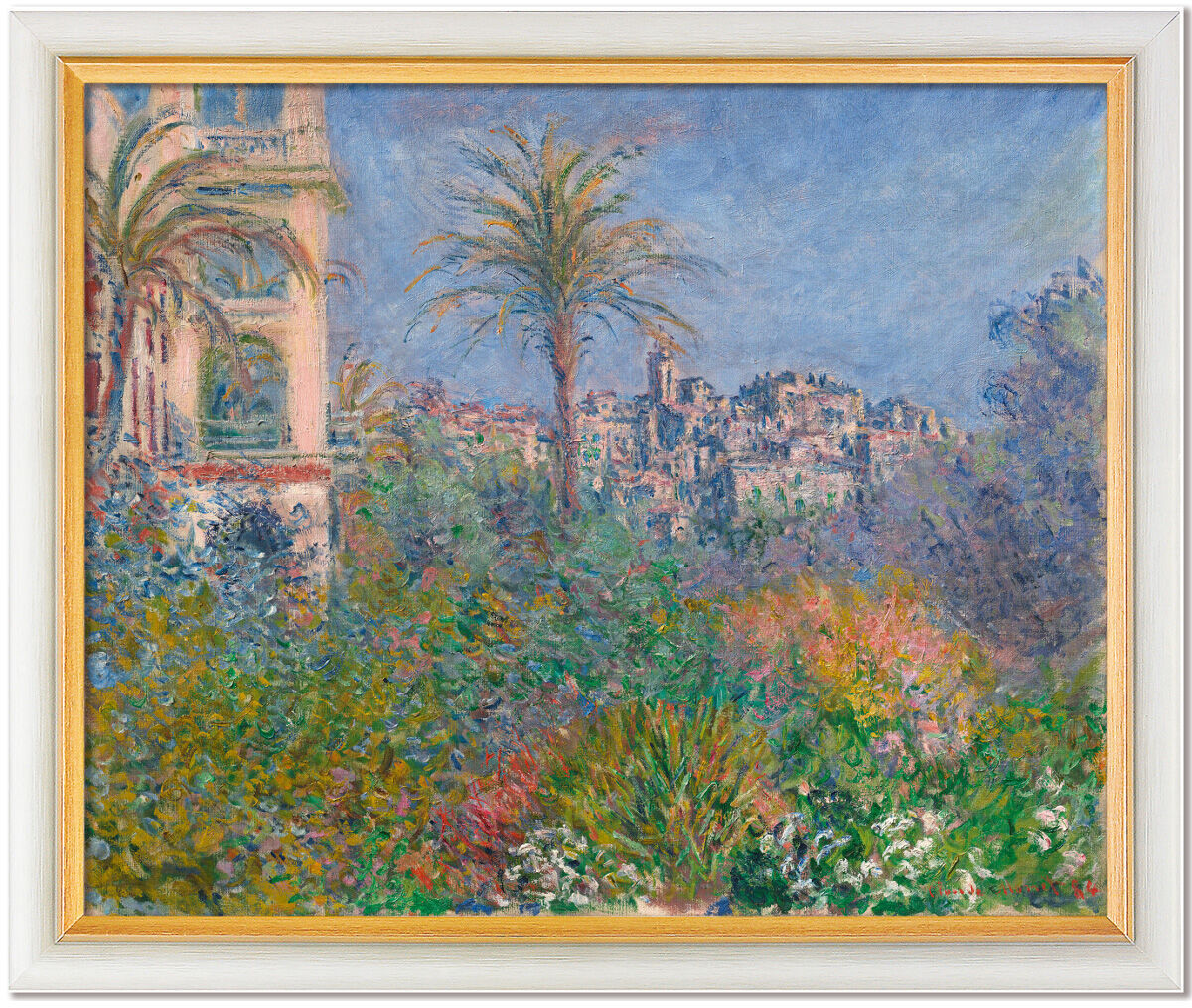 Ein Gemälde von Claude Monet mit dem Titel »Villen in Bordighera« aus dem Jahr 1884, das eine mediterrane Landschaft mit Palmen, üppigem Garten und Architektur vor einem bewölkten Himmel zeigt. Die Farben Blau, Grün, Gelb, Rosa und Weiß dominieren das Bild.