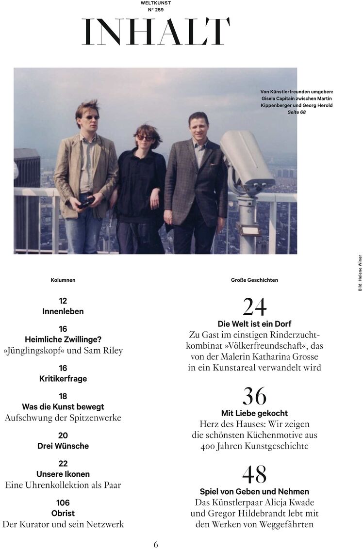 Seite mit dem Inhaltsverzeichnis der Zeitschrift WELTKUNST Nr. 259. Oben ein großes Farbfoto von drei elegant gekleideten Personen auf einer Dachterrasse vor Großstadtpanorama. Darunter strukturierter Text mit Rubrik- und Artikeltiteln sowie Seitenzahlen.