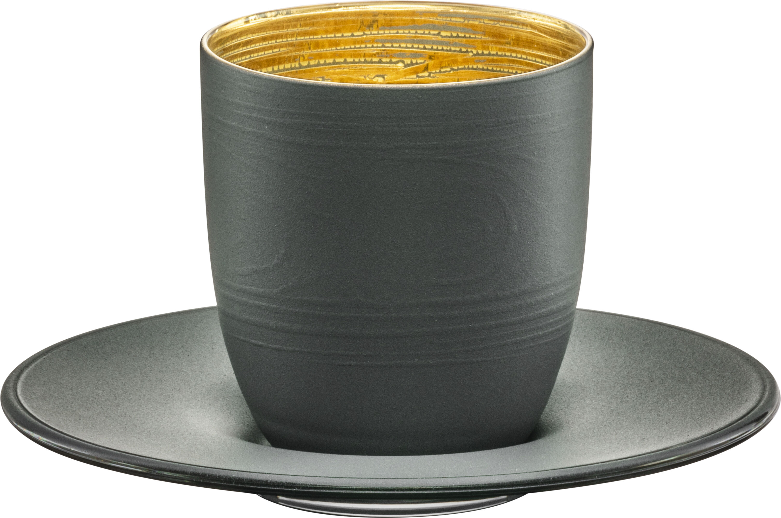 Espressoglas in elegantem Schwarz mit goldener Innenfläche, stehend auf passendem schwarzen Untersetzer, minimalistisches, modernes Design, geeignet für stilvolle Kaffee- oder Espresso-Momente.