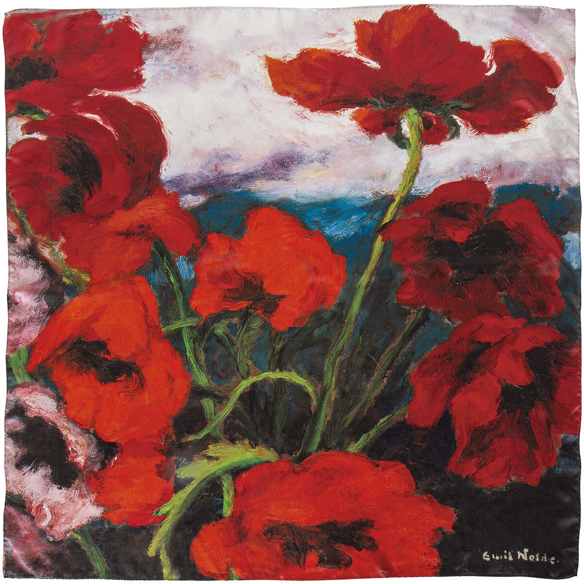 Ein quadratisches Seidentuch mit dem Titel 'Großer Mohn' von Emil Nolde. Das Tuch zeigt leuchtend rote Mohnblumen vor einem kontrastreichen Hintergrund aus Weiß, Grün und Schwarz.