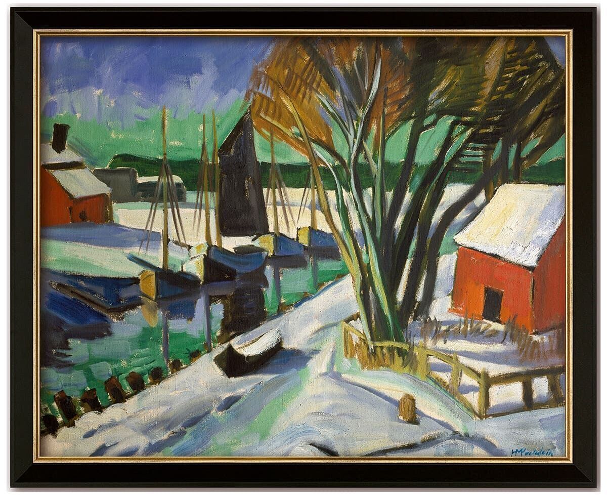 Gemälde von Max Pechstein aus dem Jahr 1922 mit dem Titel »Am Strom im Winter (Leba)«. Es zeigt einen verschneiten Hafen mit Segelbooten, hohen Bäumen und roten Häusern unter einem wolkigen Himmel.