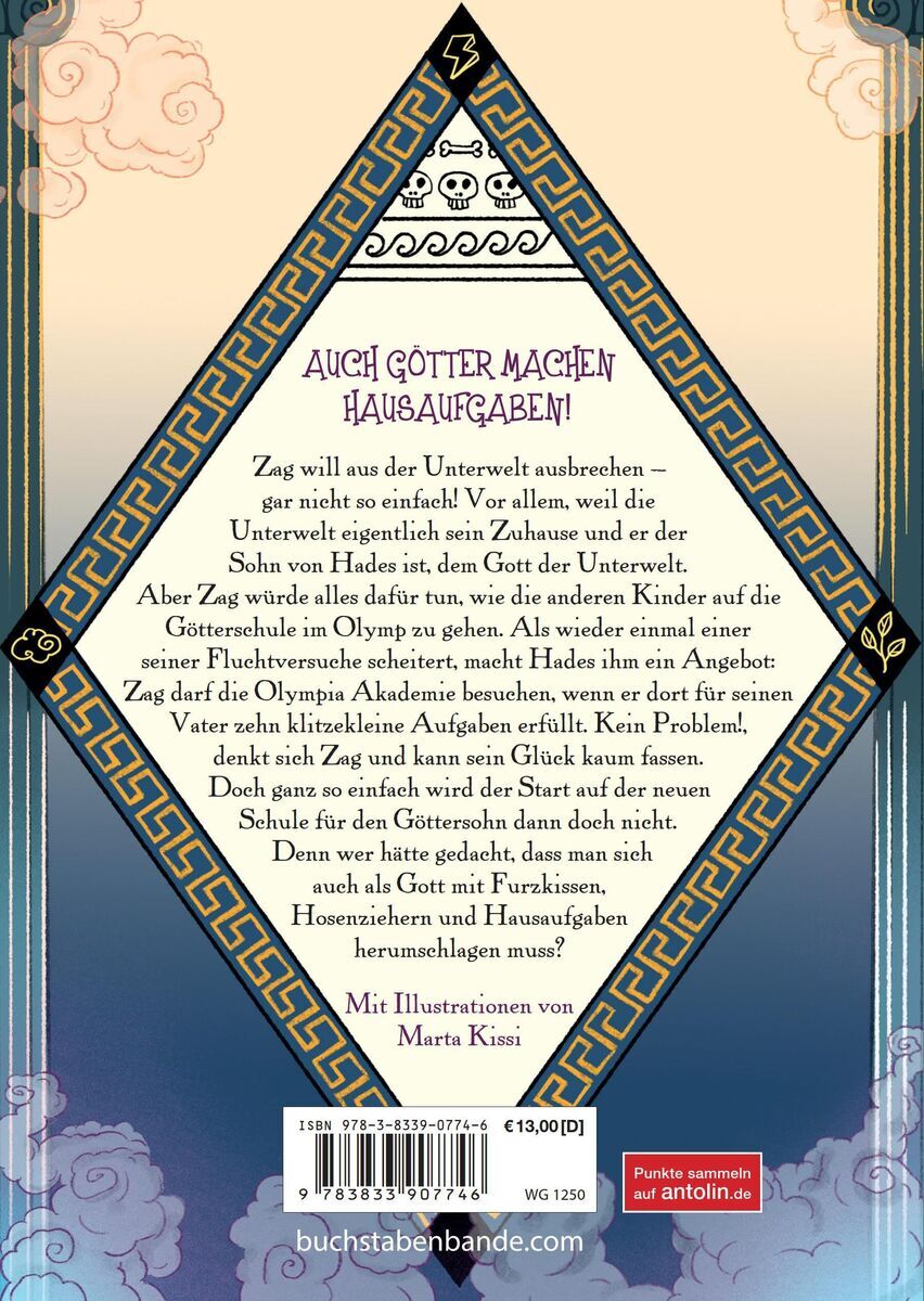 Rückseite des Buches 'Schule der kleinen Götter' von Lucy K. Walker. Das Cover ist in blau und gelb gehalten und zeigt ornamentale Verzierungen sowie einen Textauszug aus der Geschichte. ISBN und andere Buchhandelsinformationen sind ebenfalls zu sehen.