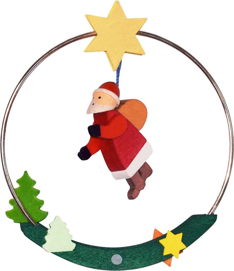 Anhänger „Weihnachtsmann im Ring“ zeigt einen Weihnachtsmann aus Holz in einem Ring, verziert mit einem Stern oben und kleinen Tannenbäumen unten. Der Weihnachtsmann trägt einen roten Mantel und hat einen Sack auf dem Rücken. Der Ring und die Verzierungen sind farbenfroh gestaltet.