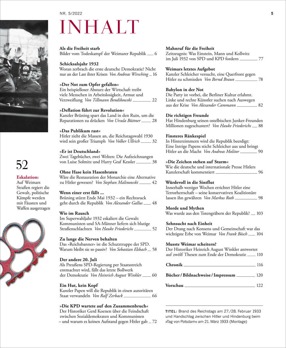 Eine Seite der Zeitschrift ZEIT GESCHICHTE 5/22 mit dem Titel 'Weimars Ende'. Die Seite beinhaltet das Inhaltsverzeichnis und zeigt eine Übersicht der Artikelverteilung. Auf dem Bild sind auch rote, schwarz-weiße grafische Elemente zu sehen.