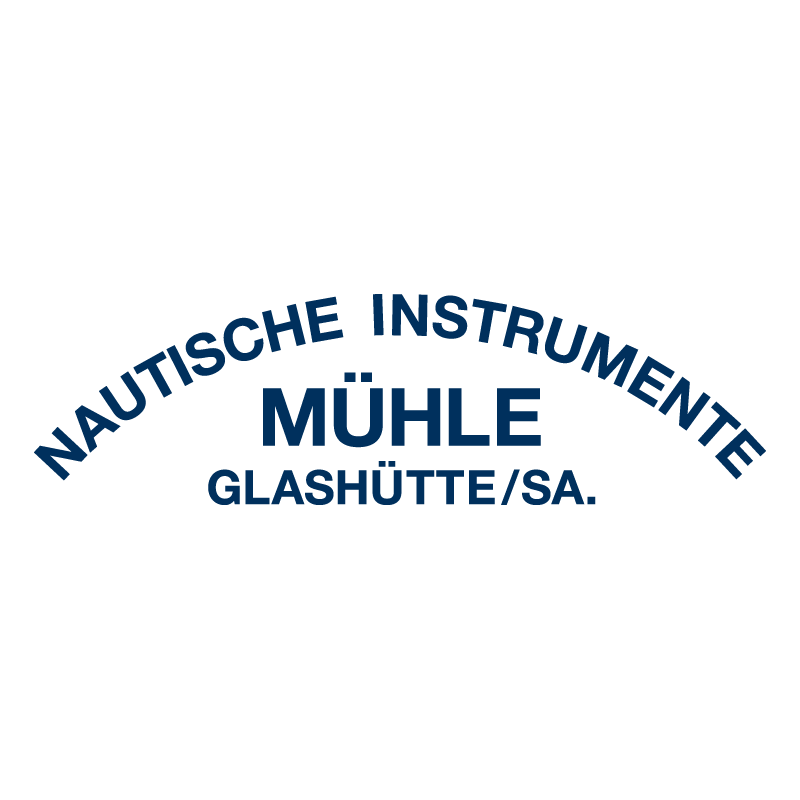 Logo der Mühle Glashütte mit dem Text „Nautische Instrumente“ in marineblau, geschwungen über „Mühle Glashütte/SA“.
