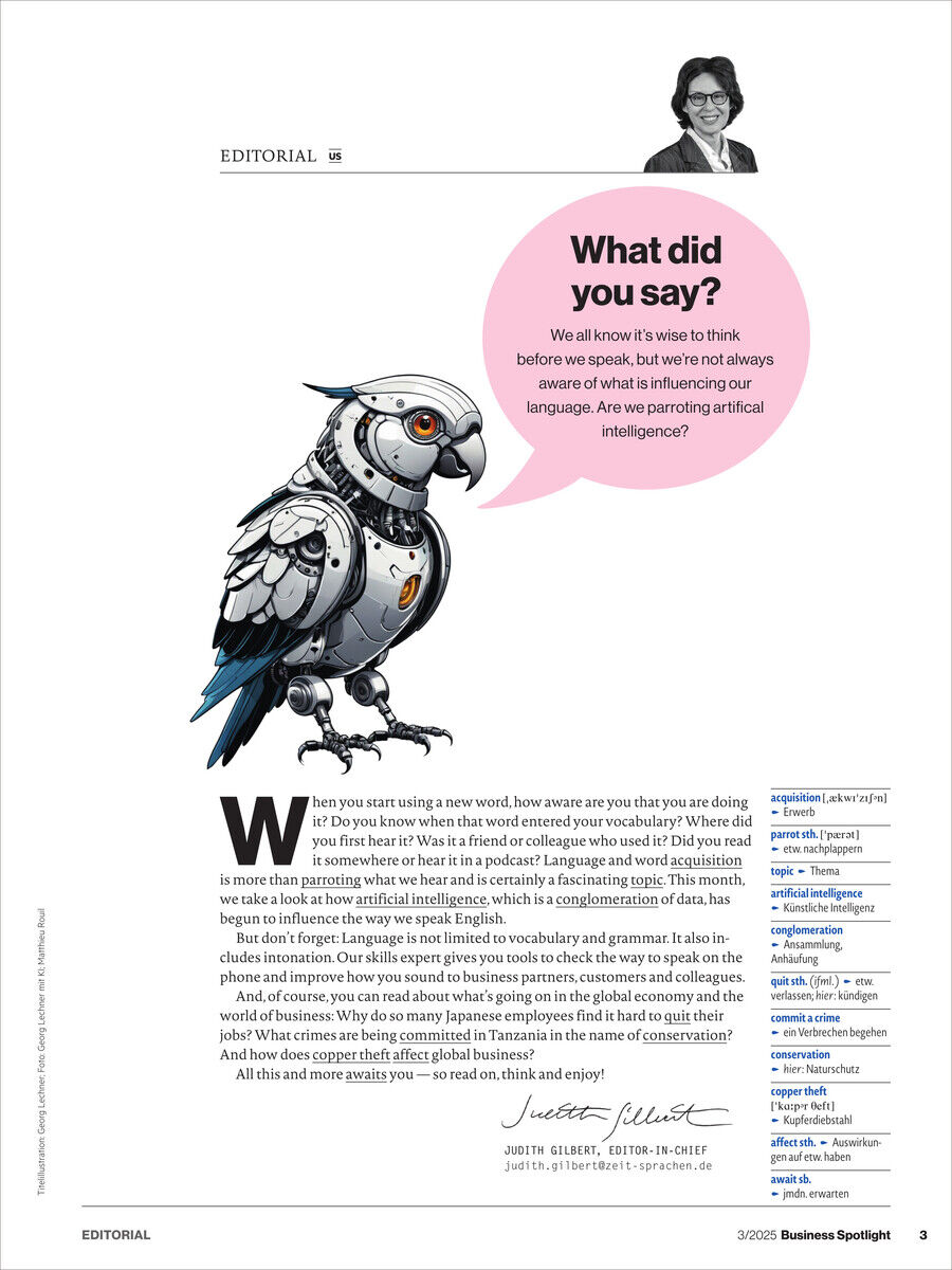 Seite eines Magazins mit dem Titel Business Spotlight 3/2025. Oben rechts ein Bild einer Person. In der Mitte eine Illustration eines mechanischen Vogels. Textpassagen und ein hervorgehobenes Zitat zum Thema Sprache und künstliche Intelligenz.