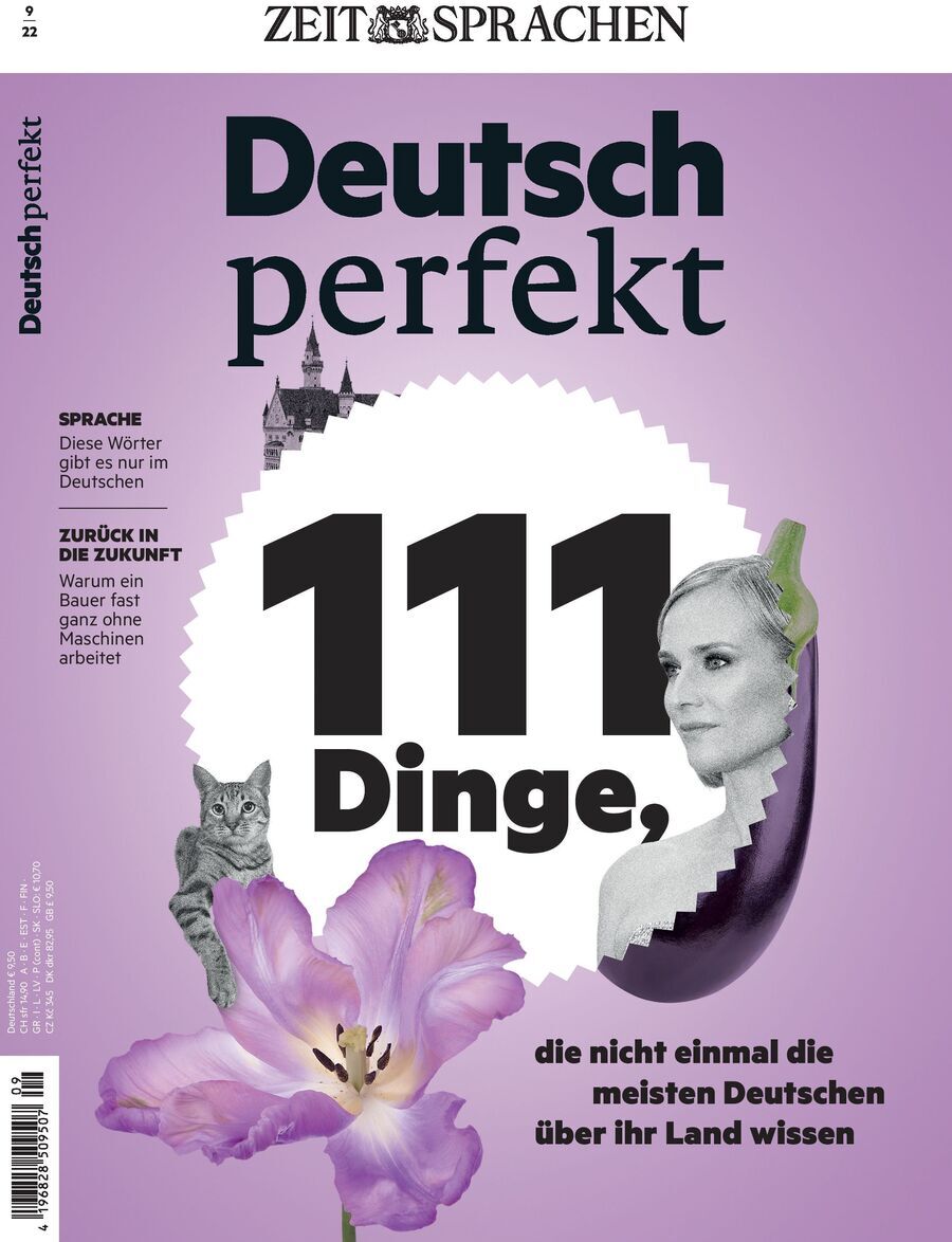 Das Cover des Magazins 'Deutsch perfekt Heft 09/2022' zeigt einen lila Hintergrund mit großen weißen Ziffern 111 in der Mitte. Daneben steht eine Frau, eine Katze, eine Aubergine und eine lilafarbene Blume. Oben im Cover steht 'Deutsch perfekt', darunter verschiedene Textabschnitte.