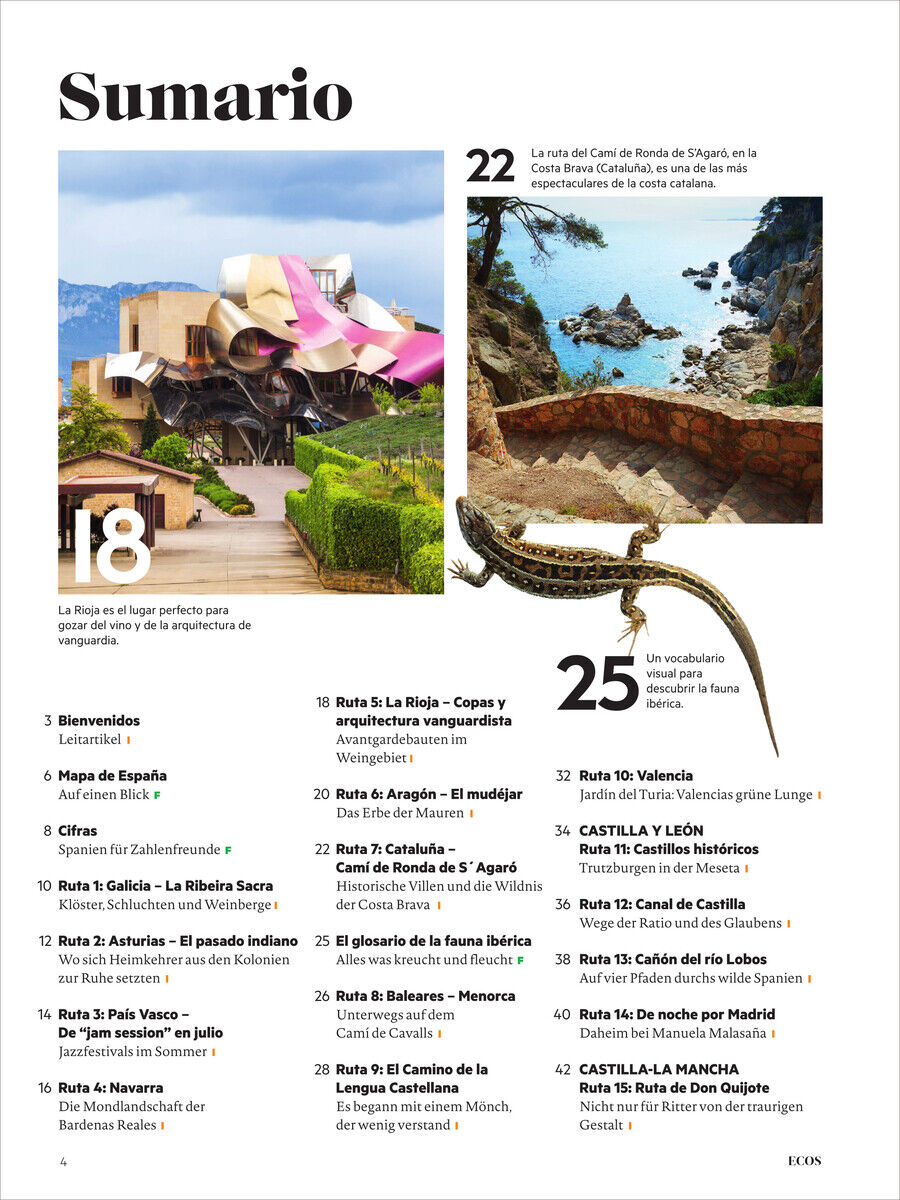 Cover des Ecos Magazins 4/2025, Sonderausgabe, mit Bildern spanischer Landschaften und Architektur. Enthält ein Inhaltsverzeichnis mit Themen über Reisen und Kultur in Spanien.