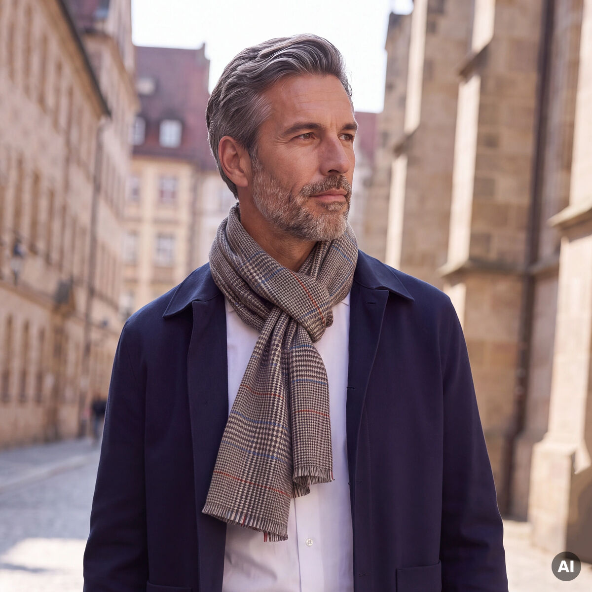 Ein stilvoll gekleideter Mann steht in einer historischen Altstadtgasse. Er trägt den Merinoschal »Henry« im Glencheck-Muster von Eagle Products, dazu eine blaue Jacke, ein weißes Hemd und beigefarbene Hose. Die Farben des Schals sind dezent gemustert mit kurzen Fransen.