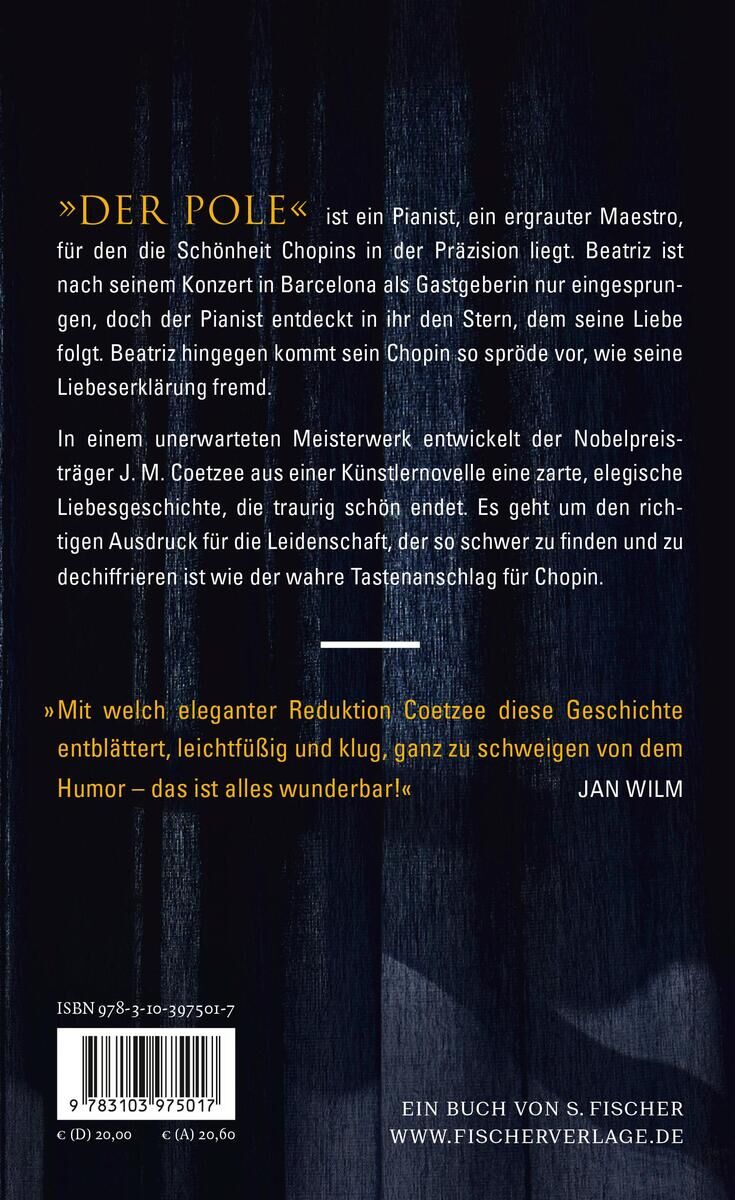 Buchcover von 'Der Pole' von J.M. Coetzee. Das Cover ist hauptsächlich schwarz mit weißem und gelbem Text und einigen Zitaten. Die Rückseite des Buches ist zu sehen, mit einer ausführlichen Beschreibung des Inhalts.