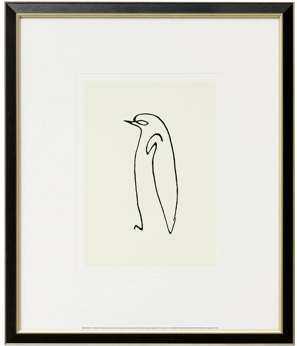 Ein gerahmter Kunstdruck von Picasso mit einer minimalistischen schwarzen Linienzeichnung eines Pinguins auf weißem Hintergrund.