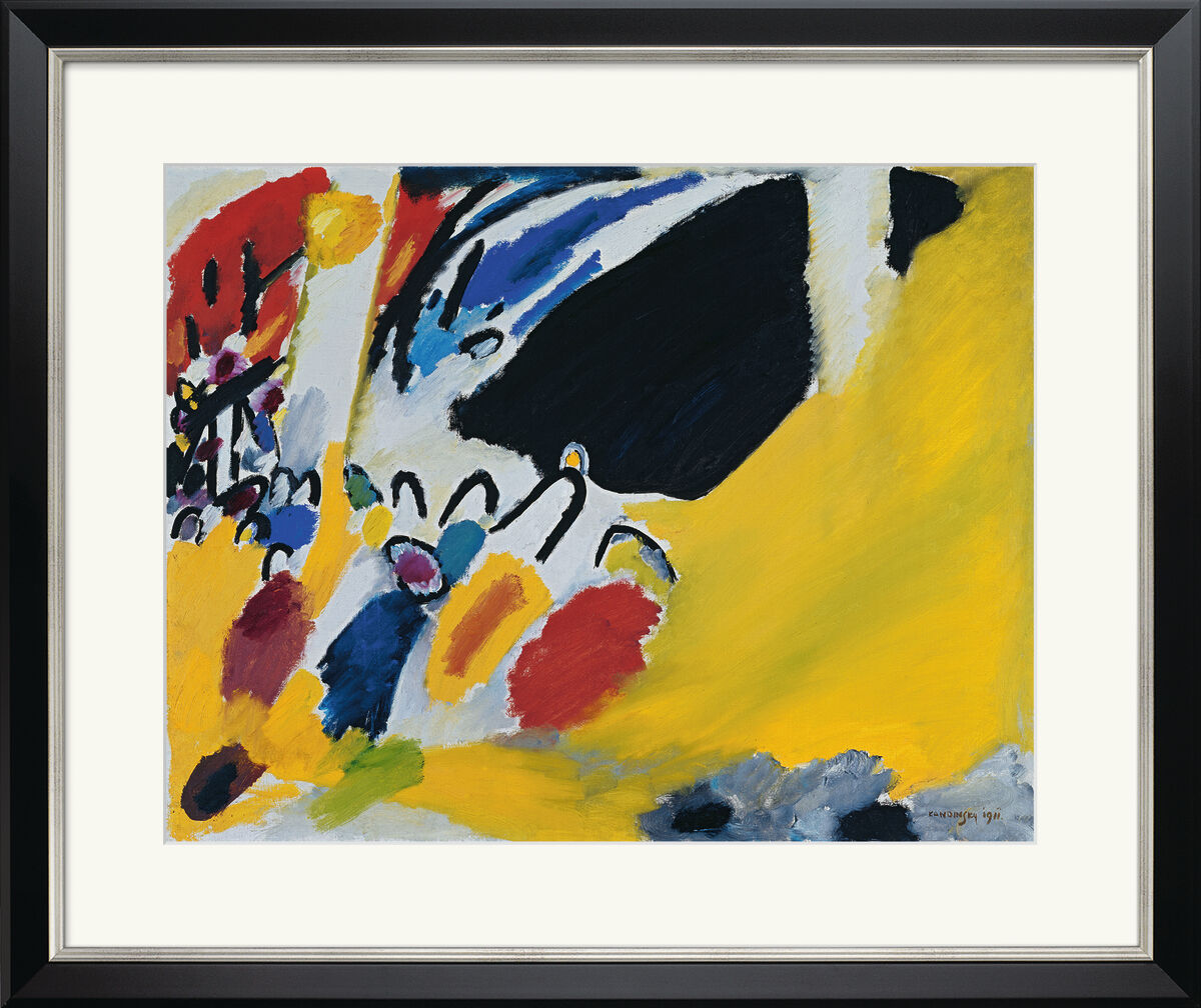 Ein abstraktes Gemälde von Kandinsky aus dem Jahr 1911 mit dem Titel 'Impressionen III (Konzert)', das bunte Pinselstriche und Formen in Gelb, Blau, Rot, Schwarz und Weiß zeigt. Das Werk stellt eine dynamische und emotionale Szene dar, inspiriert von Musik.