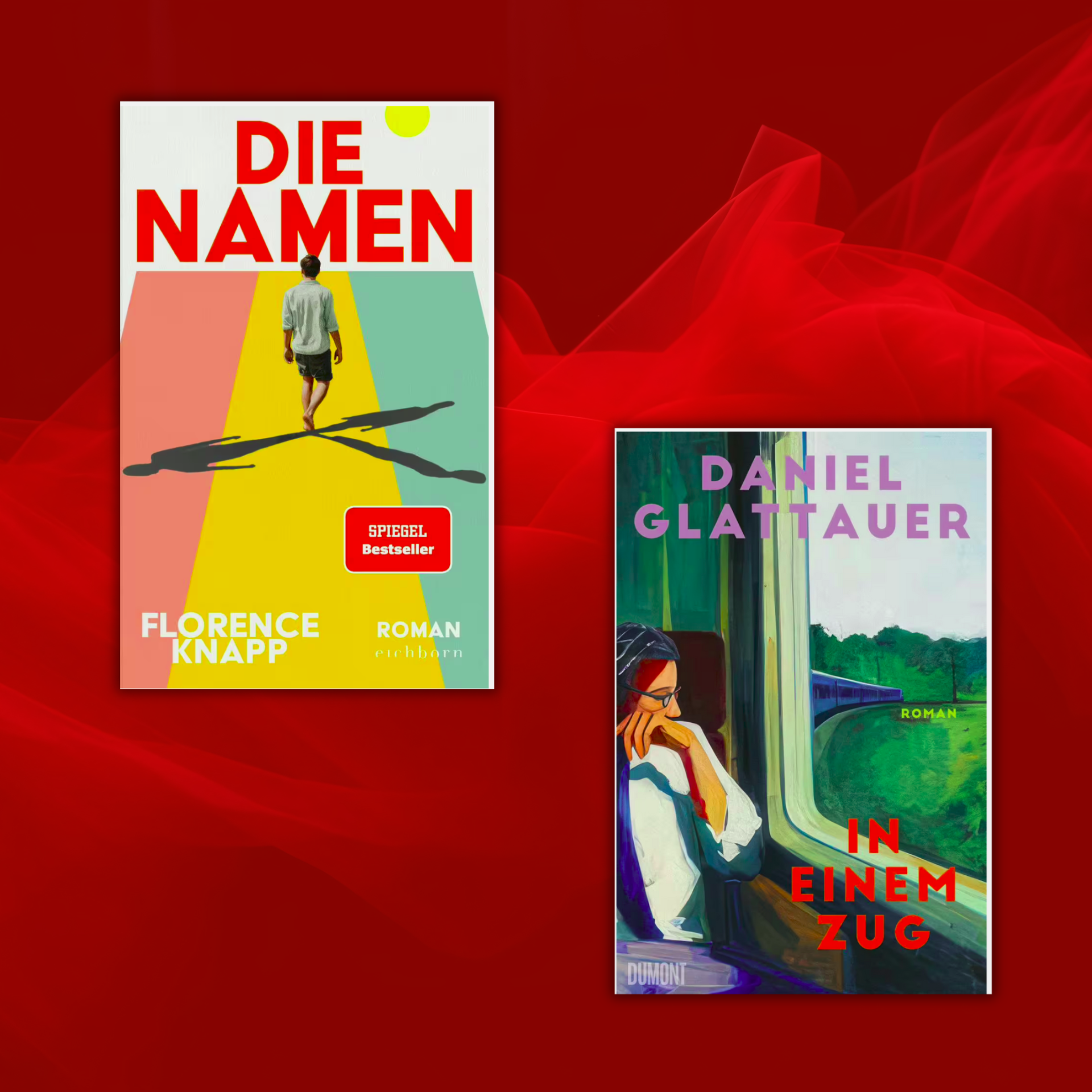 Link zur Kategorie Bücher mit ungeahnten Wendungen: Zwei Buchcover vor rotem Hintergrund: Links das Cover von ‚Die Namen‘ von Florence Knapp mit geometrischem Muster in Gelb, Rosa und Grün, einer kleinen Person und großem roten Titel. Rechts das Cover von ‚In einem Zug‘ von Daniel Glattauer mit einer Frau in einem Zug und grüner Landschaft.