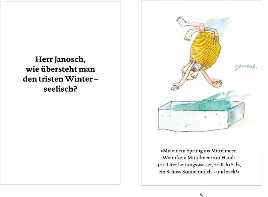 Das Bild zeigt eine Doppelseite aus dem Buch 'Janosch: Wondrak und seine Freunde feiern Weihnachten'. Die linke Seite enthält einen Text in schwarzer Schrift auf weißem Hintergrund, der eine Frage stellt: 'Herr Janosch, wie übersteht man den tristen Winter – seelisch?'. Die rechte Seite zeigt eine humorvolle Illustration von Wondrak, der kopfüber in eine Truhe taucht, mit einem weiteren Text darunter.