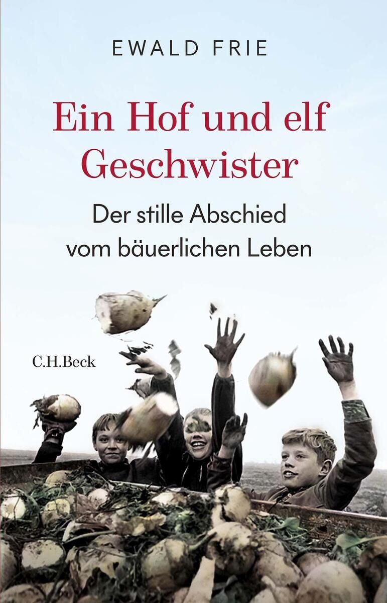 Drei Kinder heben freudig Rüben auf einem Feld in die Luft. Der Titel des Buches 'Ein Hof und elf Geschwister' von Ewald Frie steht darüber. Im Hintergrund sind ländliche Landschaften zu sehen.