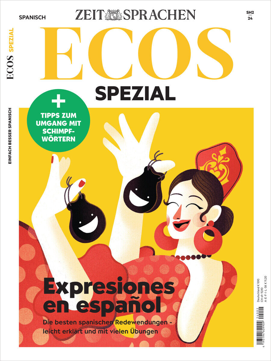 Cover des Ecos Magazins 12/2024 Sonderausgabe mit dem Titel 'Expresiones en español'. Eine fröhliche Frau mit rotem Kleid und Blumen im Haar porträtiert. Tipps zum Umgang mit Schimpfwörtern sind hervorgehoben.