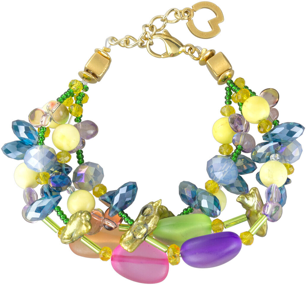 Ein farbenfrohes Armband aus dem Schmuck-Set 'Tesoro' mit mehreren Strängen aus Perlen und Steinen in Gelb, Blau, Grün, Lila und Rosa, abgeschlossen mit einem goldenen Verschluss.