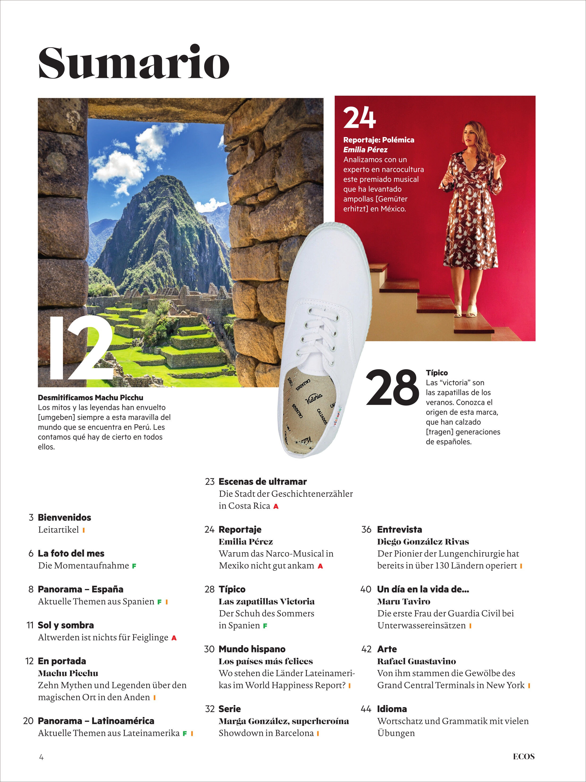 Cover des Ecos Magazins Ausgabe 7/2025 zeigt Machu Picchu und eine in Mode gekleidete Person. Enthält Artikeltitel und Seitenverweise zu verschiedenen Themen in spanischer Sprache.