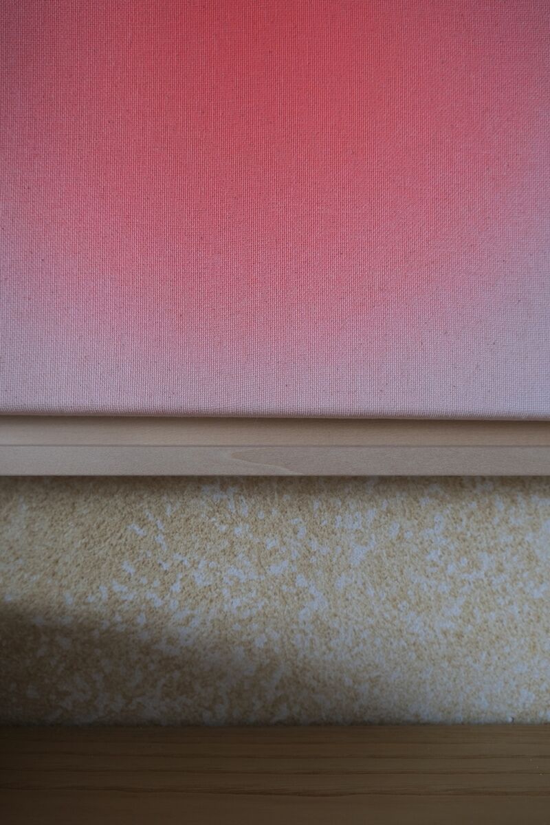 Ein Kunstwerk mit einem farbverlaufenden Rot-Ton, das auf einer Leinwand dargestellt ist. Das Bild zeigt eine einfache, aber elegante Komposition mit texturierter Oberfläche und natürlichen Farbschattierungen im Hintergrund.