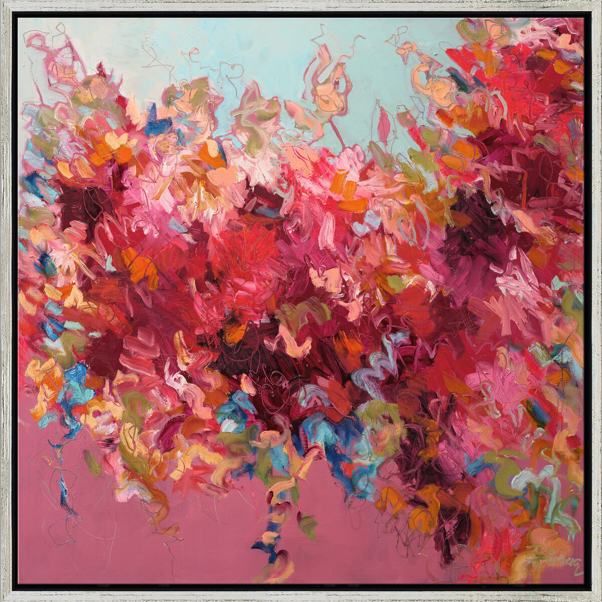 Das Bild "A Soulful of Love" von Ute Binova zeigt eine abstrakte, dynamische Komposition mit auffällig expressiven Pinselstrichen und Farbflächen. Leuchtendes Blau und Orange vermischen sich mit Kontrasten in Weiß und Schwarz, feine Strukturen unterbrechen die Flächen. Das Werk ist hochwertig gerahmt.