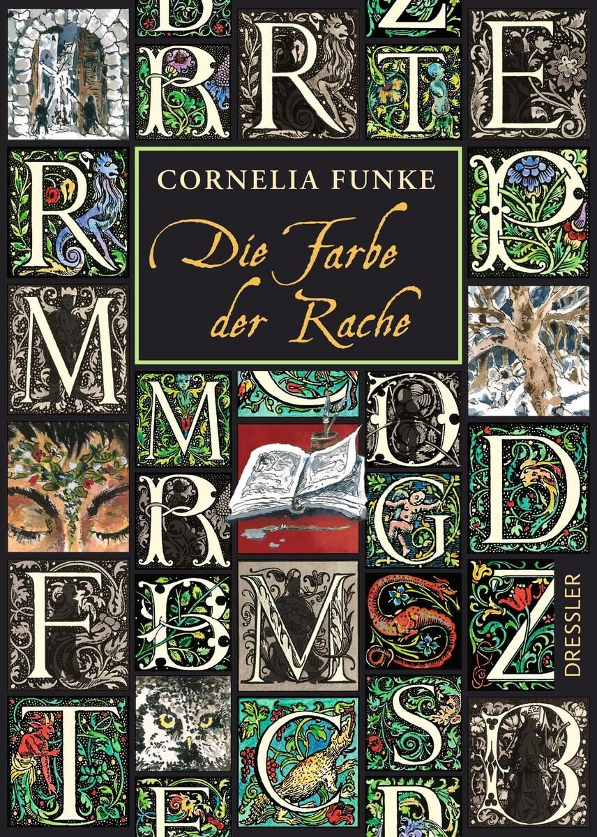 Buchcover von 'Die Farbe der Rache' von Cornelia Funke, Teil der Tintenwelt-Serie, mit dekorativen Buchstaben und mittelalterlichen Illustrationen auf schwarzem Hintergrund.