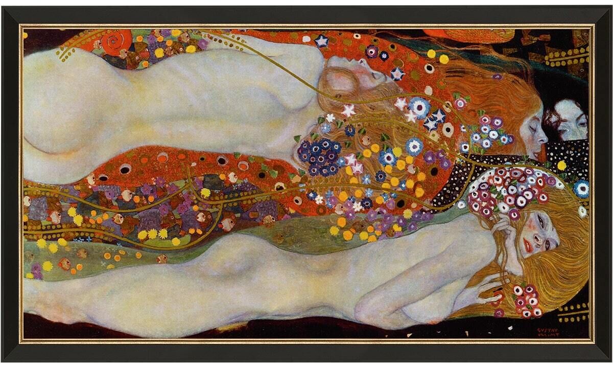 Gustav Klimts »Wasserschlangen II« (1907) zeigt zwei weibliche Figuren eng umschlungen in einer ornamentalen und floralen Umgebung. Das Bild ist reich an goldenen, roten und weißen Farbtönen, und die geschwungenen Linien und dekorativen Elemente verleihen dem Werk eine elegante und traumartige Qualität.