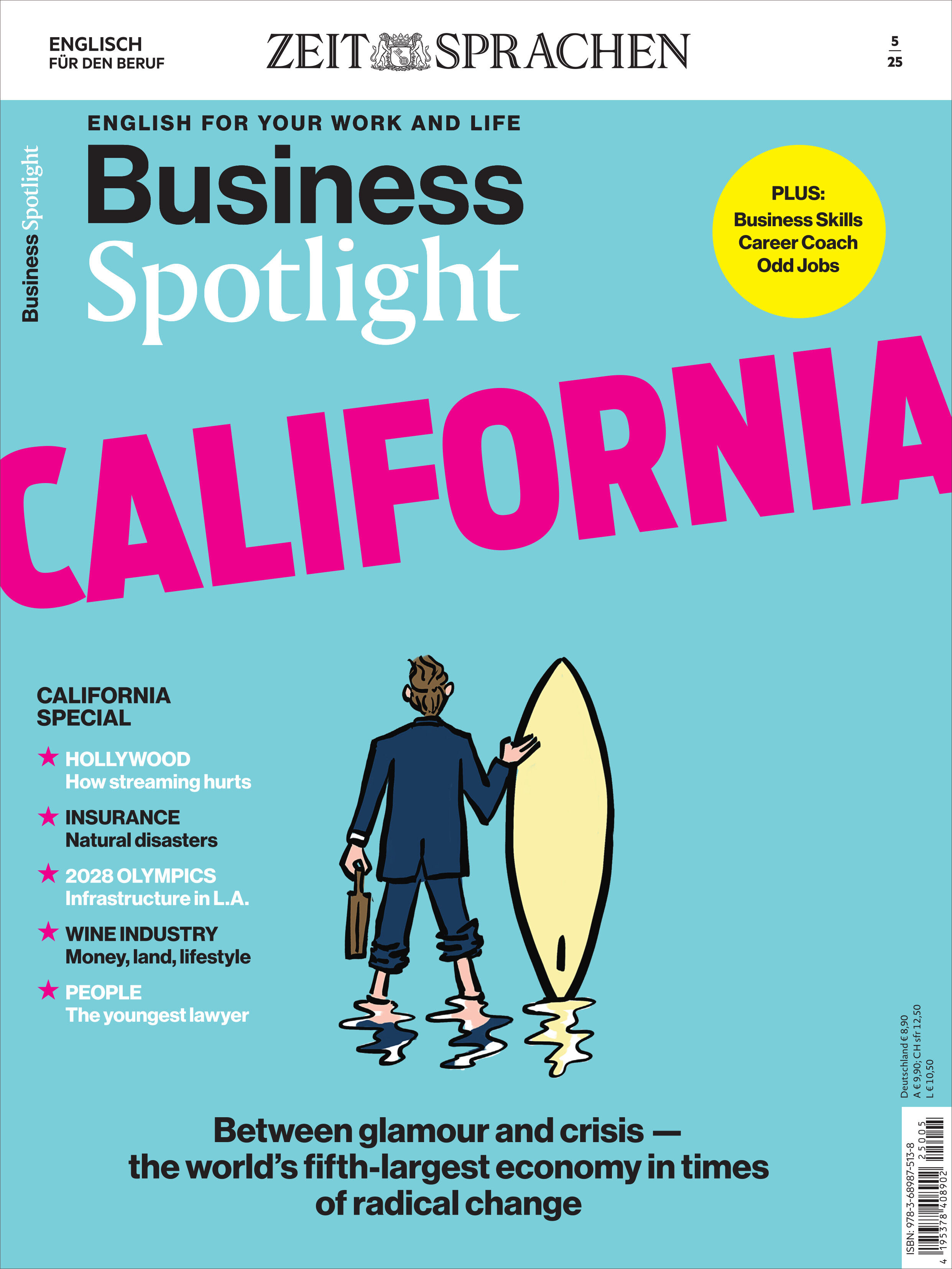 Cover eines Business Spotlight Magazins mit Fokus auf Kalifornien. Ein Mann blickt auf den Titel 'California'. Themen: Hollywood, Versichung, Infrastruktur in Los Angeles, Weinindustrie, jüngste Anwältin. Farben: Blau, Rot, Schwarz, Weiß, Gelb.