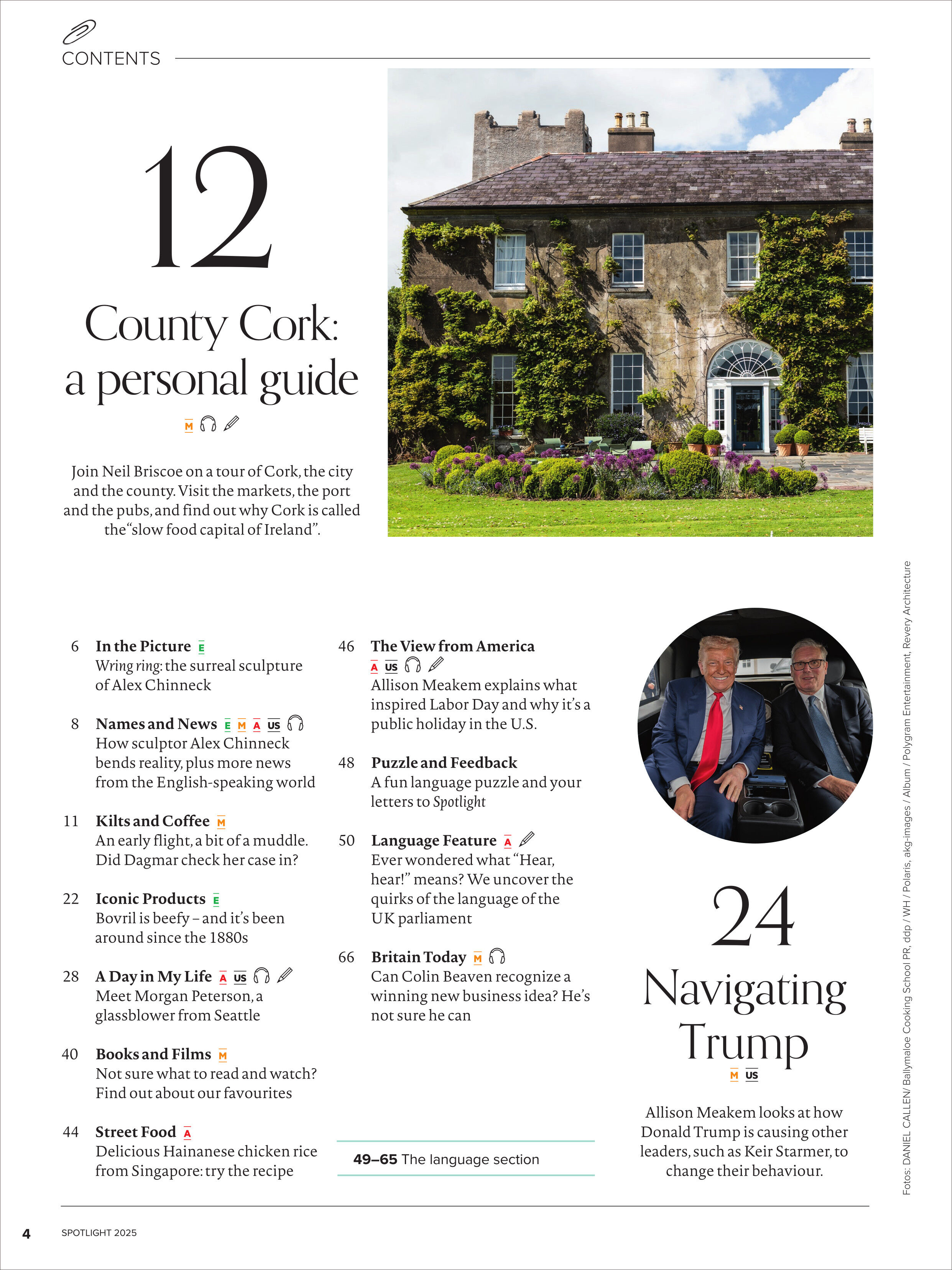 Das Titelblatt des Spotlight Magazins 11/2025 zeigt eine Übersicht über die wichtigsten Artikel, darunter einen Reiseführer über County Cork in Irland und ein Interview mit Donald Trump. Zentral abgebildet ist ein irisches Herrenhaus mit einer grünen Wiese im Vordergrund. Die Gestaltung ist klar, textbetont und richtet sich an Leser, die an Reisen, Kultur und Spracherwerb interessiert sind.