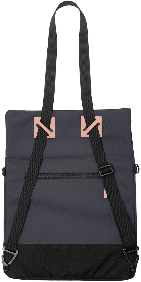 Ein stilvoller, grauer und schwarzer Pouch namens 'Meije' aus robustem Canvas-Material. Er hat verstellbare Träger und rosa Akzente, die ihn modern und elegant wirken lassen. Perfekt für den täglichen Gebrauch und alle, die praktische und langlebige Accessoires suchen.
