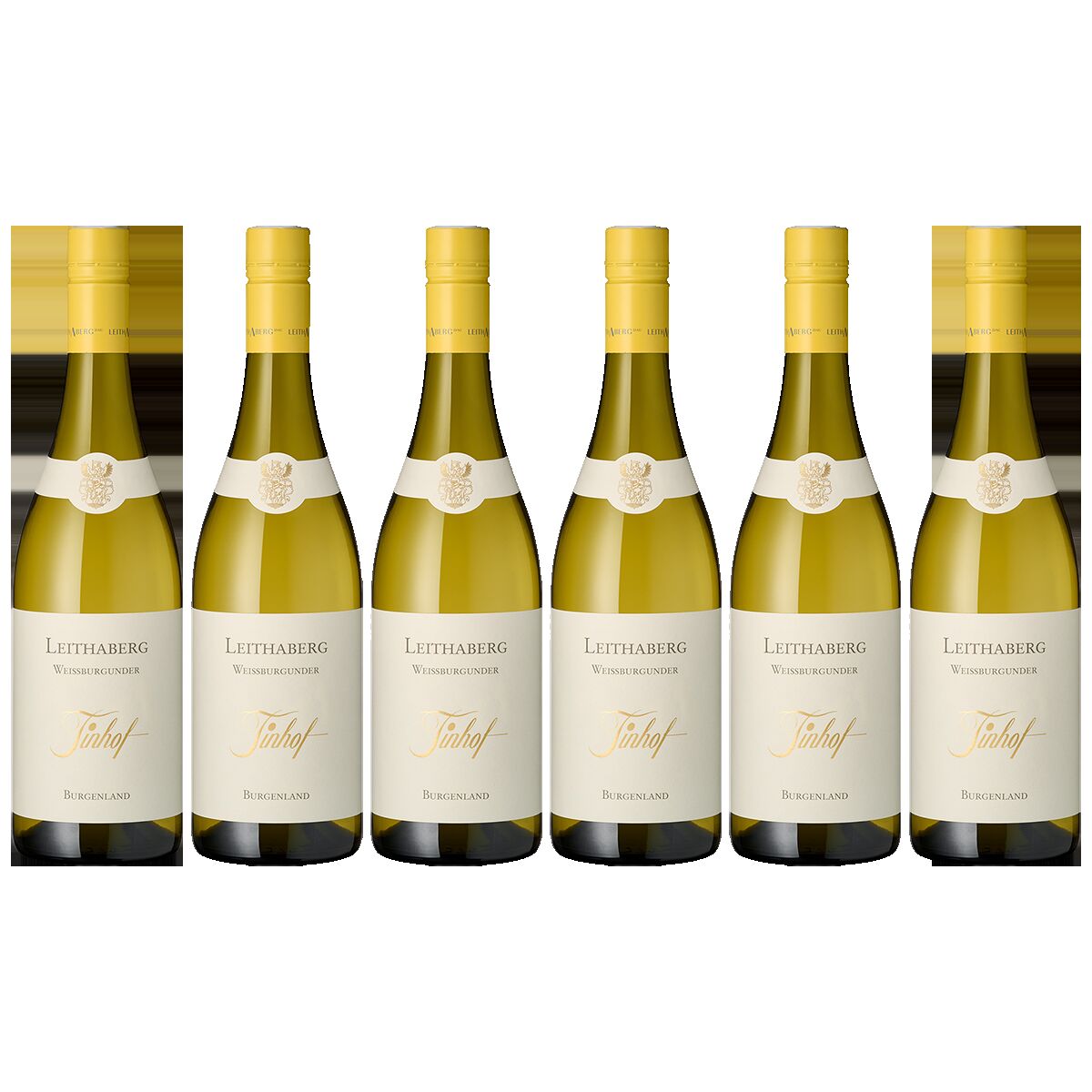 Sechs Flaschen Weißburgunder Leithaberg vom Weingut Tinhof sind nebeneinander aufgereiht vor weißem Hintergrund. Die Weinflaschen sind mit cremefarbenen Etiketten und Kapseln versehen, die den Namen und die Herkunft des Weins zeigen.