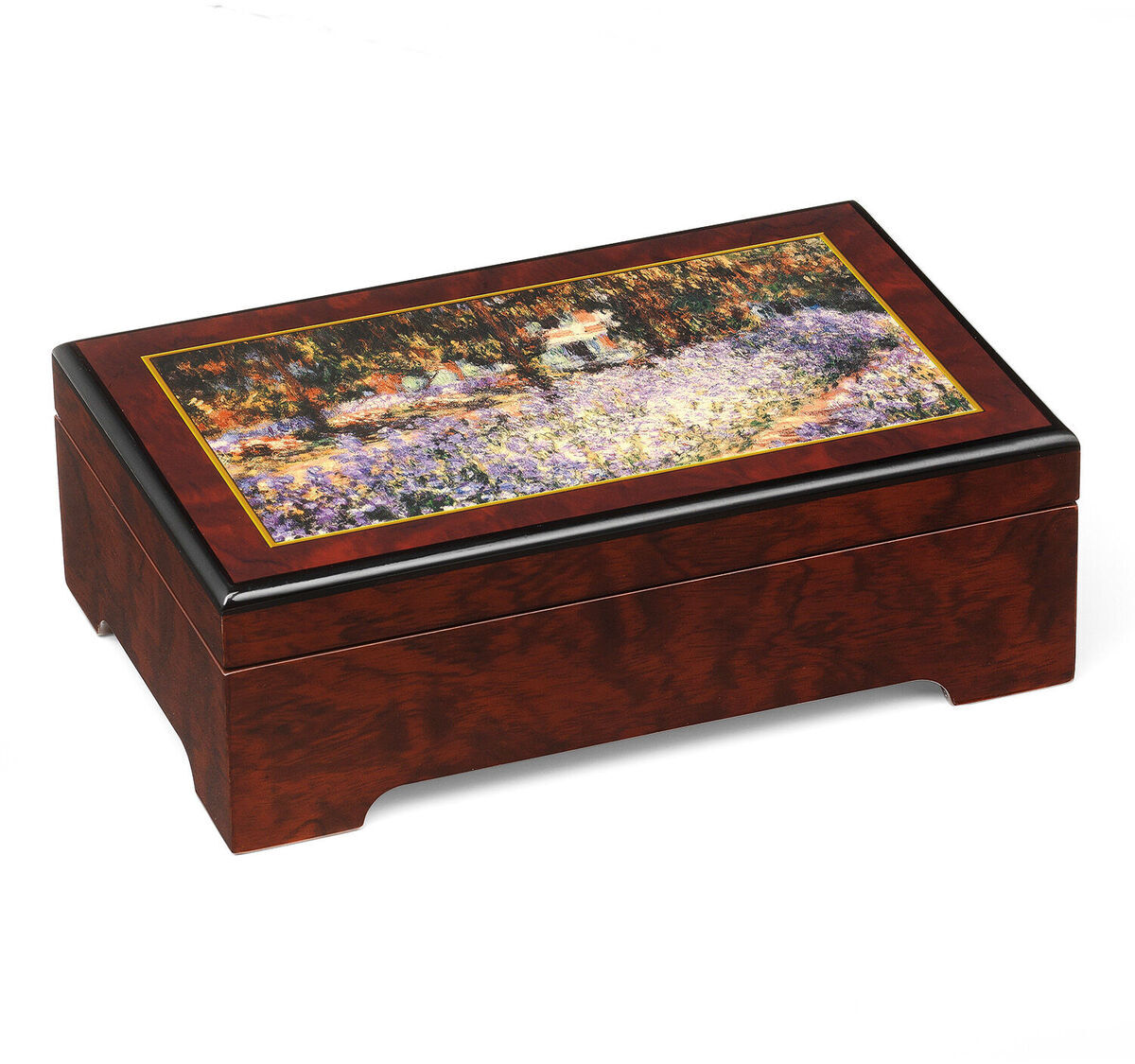 Musik-Schmuckbox aus Holz mit dem Bild 'Garten in Giverny' von Claude Monet auf dem Deckel. Die Box ist überwiegend braun mit einem farbenfrohen Blumenmotiv in Grün, Lila, Weiß und Gelb. Ideal für die Aufbewahrung von Schmuck und als dekoratives Kunststück.