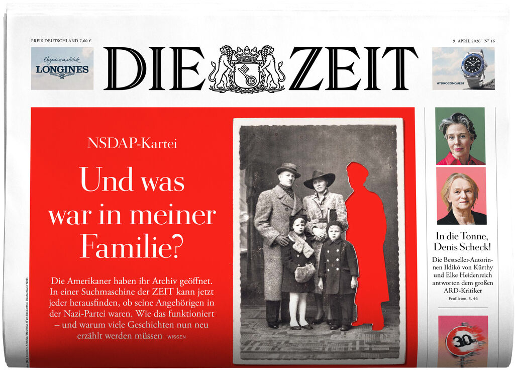Titelseite der Wochenzeitung DIE ZEIT, Ausgabe 16/2026. Großflächiges rotes Feld links mit der Frage "Und was war in meiner Familie?" zum Thema NSDAP-Kartei und Familiengeschichte. Rechts ein altes Familienfoto mit einer hervorgehobenen roten Silhouette.