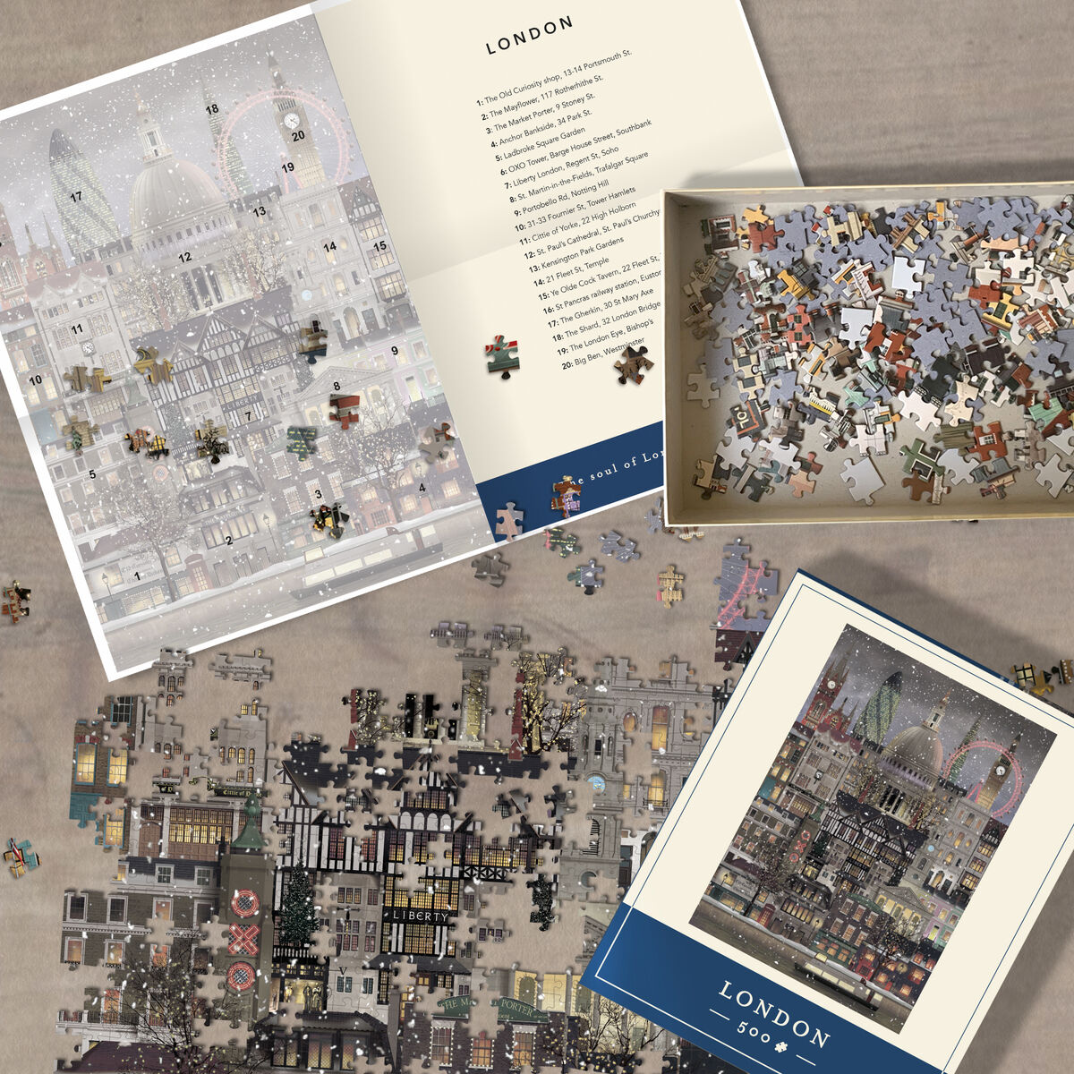 Auf dem Bild ist ein Puzzle mit dem Motiv einer verschneiten, weihnachtlich beleuchteten Straßenszene in London zu sehen. Um das teilweise fertiggestellte Puzzle liegen verstreute Puzzleteile, die Verpackung des Puzzles und eine Bildvorlage. Die Stadtansicht zeigt dekorierte Gebäude und winterliche Stimmung.