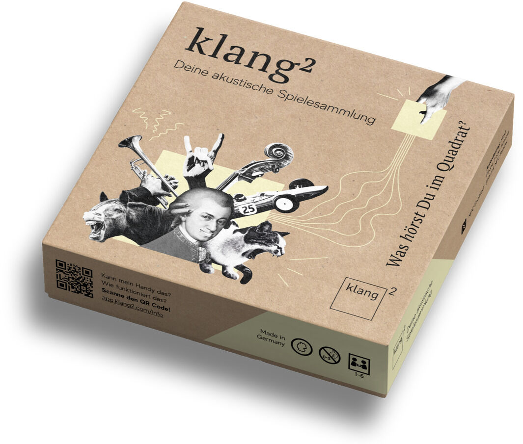 Die klang² Spielesammlung «Buchbinder Edition» kommt in einer braunen Box mit einer Vielzahl von Schwarz-Weiß-Illustrationen, darunter Musiker, Instrumente und Merkmalen, auf der Vorderseite. Der Text auf der Box lautet: 'klang² Deine akustische Spielesammlung'.