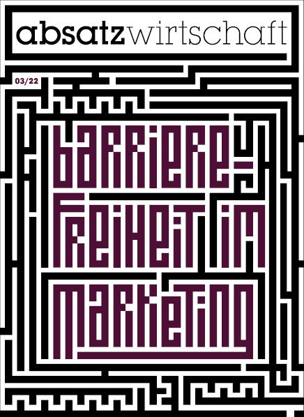 Titelseite der Zeitschrift 'absatzwirtschaft Ausgabe 03/22' mit geometrischem, schwarz-weißem Design und dem Titel 'Barrierefreiheit im Marketing' in bordeauxfarbenen Großbuchstaben.