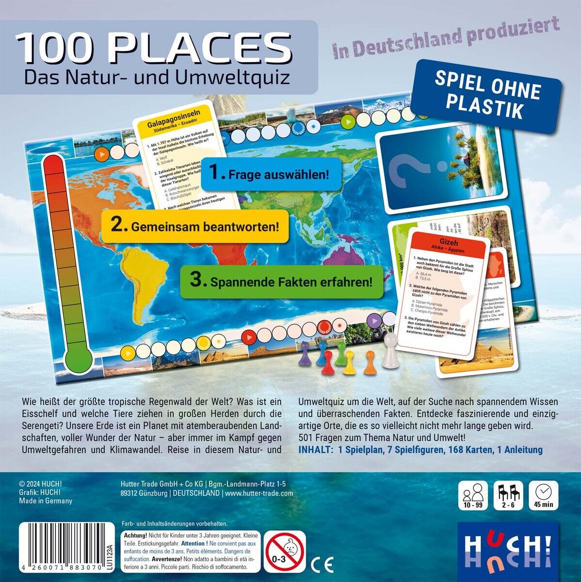 Verpackung des Spiels '100 Places - Das Natur- und Umweltquiz' mit buntem Spielbrett, blauer Hintergrund, farbenfrohe Illustrationen und Anleitung in deutscher Sprache, beworben als plastikfrei und in Deutschland produziert.