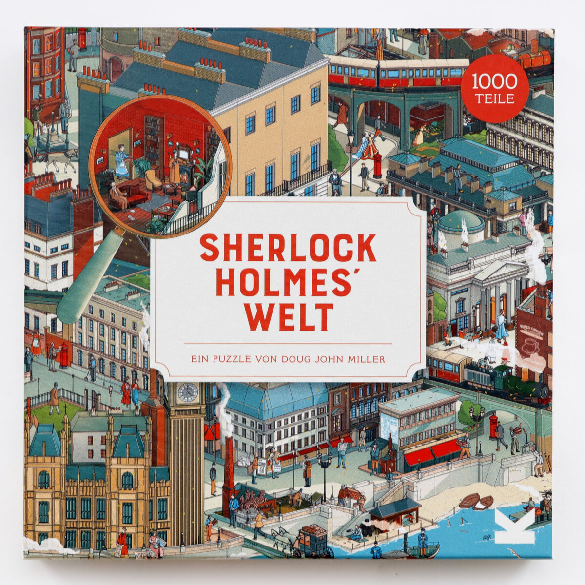 Puzzle 'Shakespeares Welt' mit 1000 Teilen. Detailreiche Illustrationen zeigen Szenen und Charaktere aus den Werken von William Shakespeare in leuchtenden Farben wie Blau, Rot, Beige, Braun und Weiß.