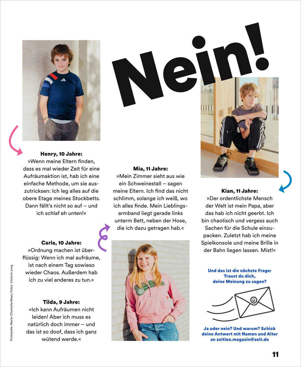 Magazinseite aus ZEIT LEO mit großem Schriftzug „Nein!“. Fotos von drei Kindern in unterschiedlichen Posen. Drumherum sind Zitate von Kindern abgedruckt, die beschreiben, wie sie auf elterliche Regeln oder Diskussionen reagieren. Klare, farbige Gestaltung, freundlicher Gesamteindruck.