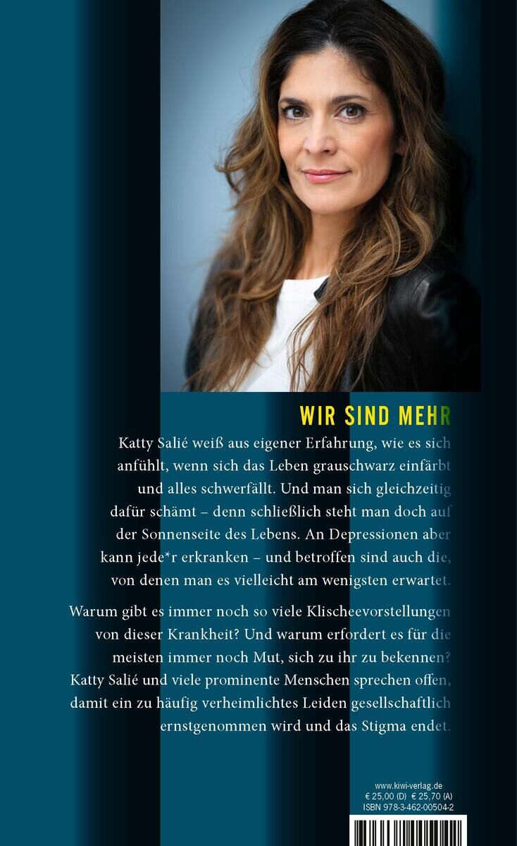 Das Bild zeigt das Buchcover von "Das andere Gesicht" von Katty Salié. Auf dem Cover ist ein Porträt der Autorin Katty Salié abgebildet. Der Hintergrund ist hauptsächlich blau, mit gelbem und weißem Text.